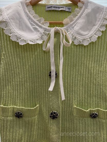 Self Portrait Contrast Collar Knit Cardigan - Avocado