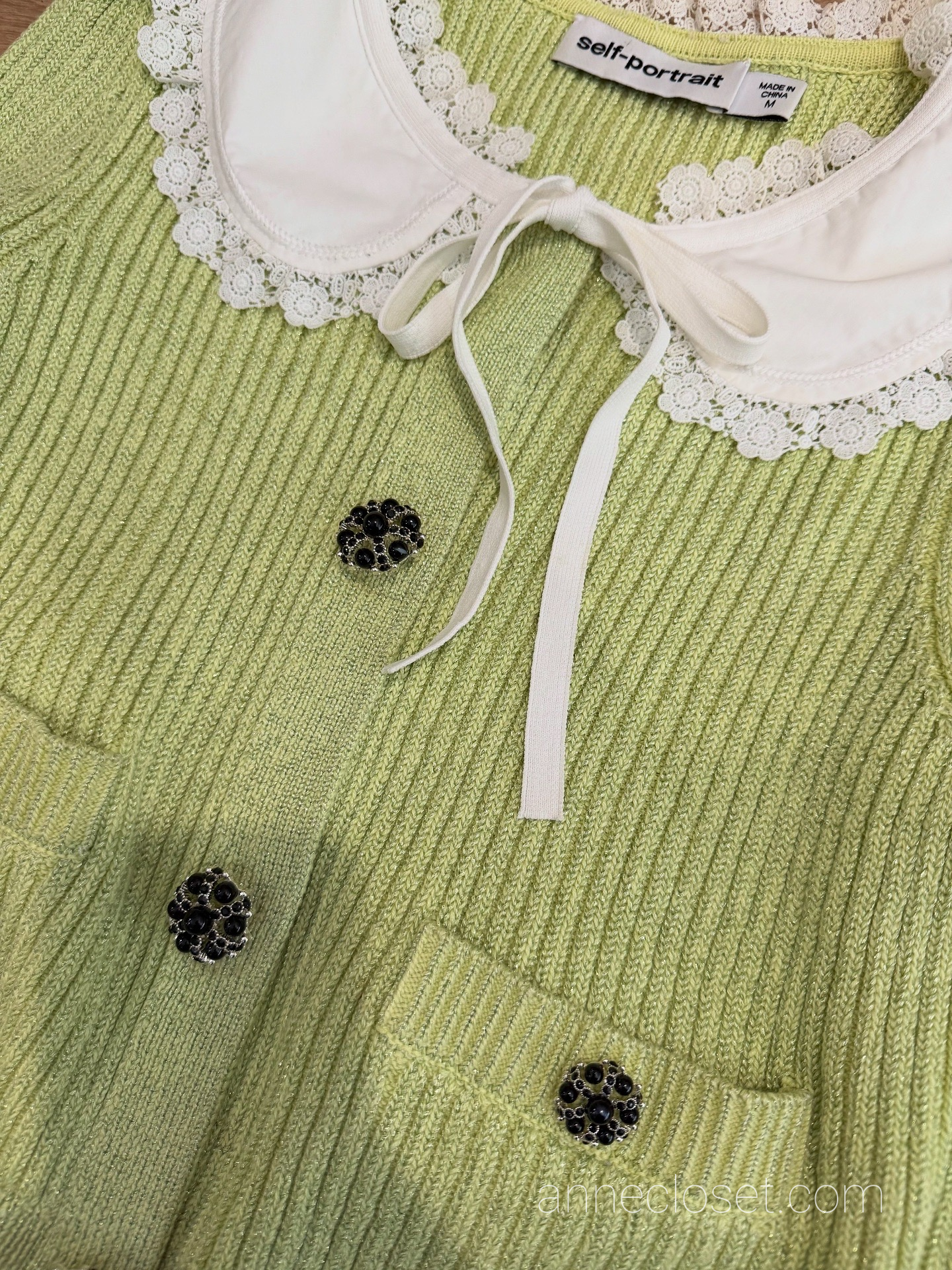 Self Portrait Contrast Collar Knit Cardigan - Avocado