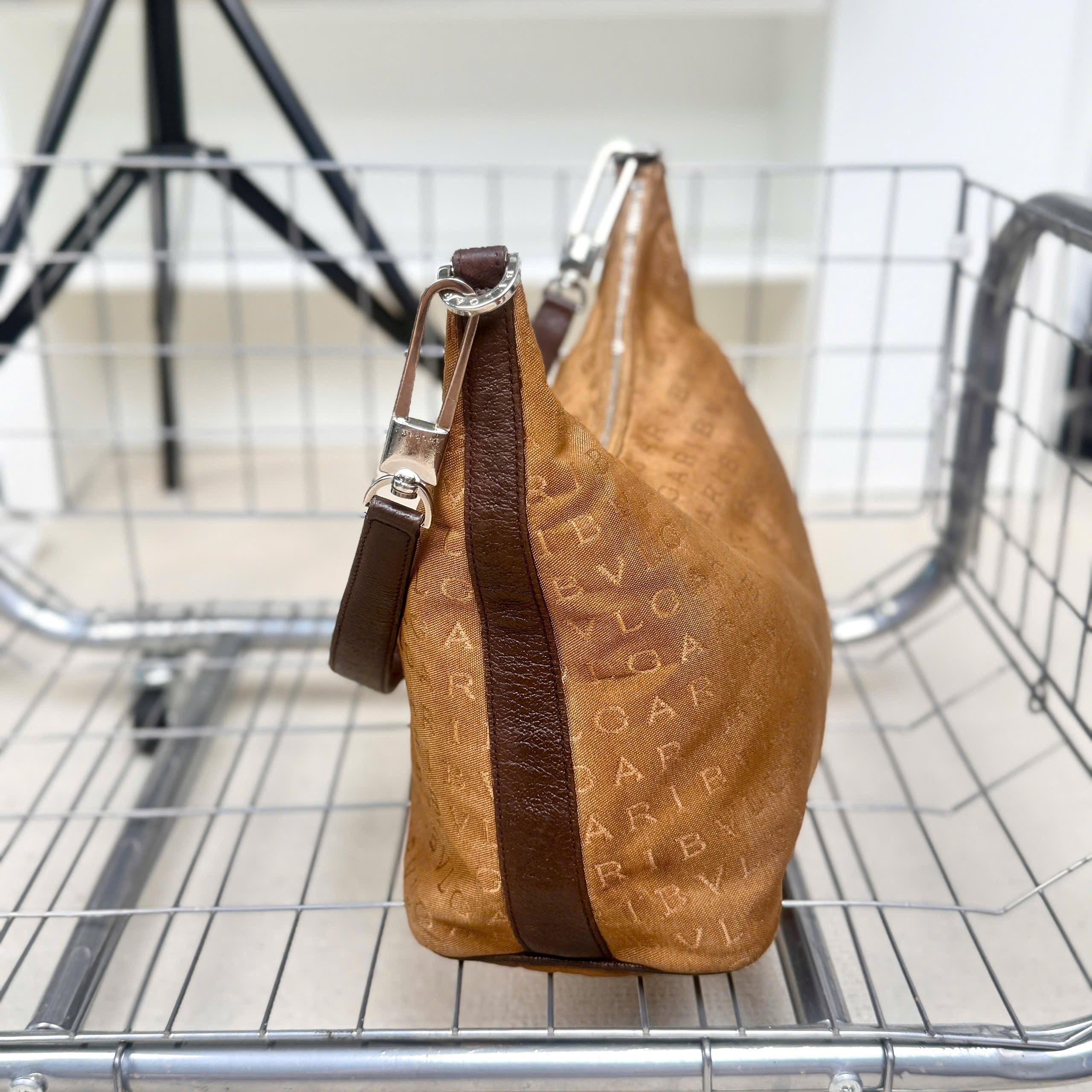 BVLGARI Logomania Brown Canvas Leather Shoulder Bag