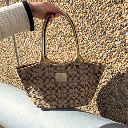 Coach Signature Jacquard Bleecker Brown Gold Metallic Leather Tote
