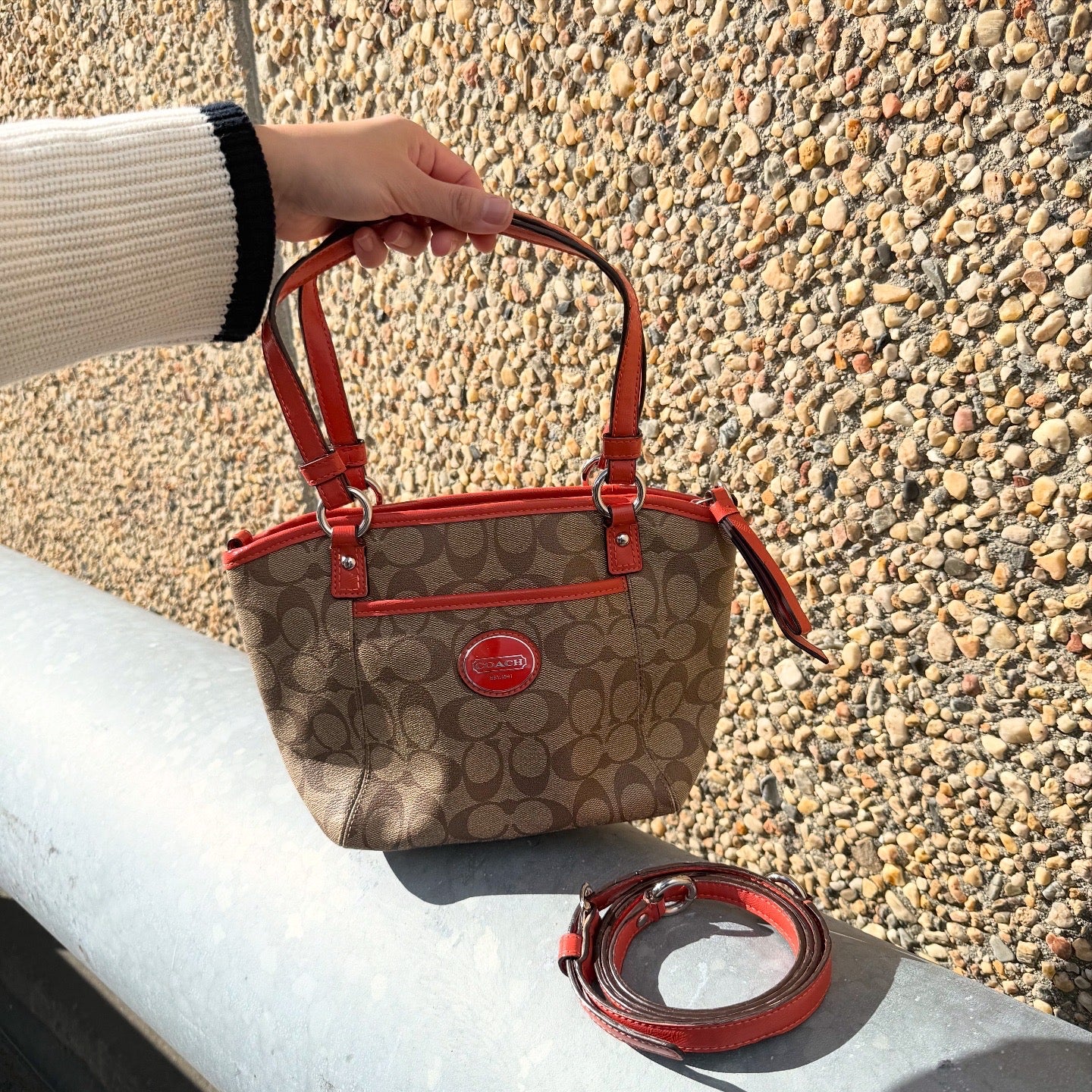 COACH Tote Shoulder Bag Signature Logo Canvas Leather