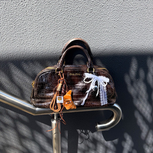 Miu Miu Brown Croc Embossed Leather Triple Zip Satchel