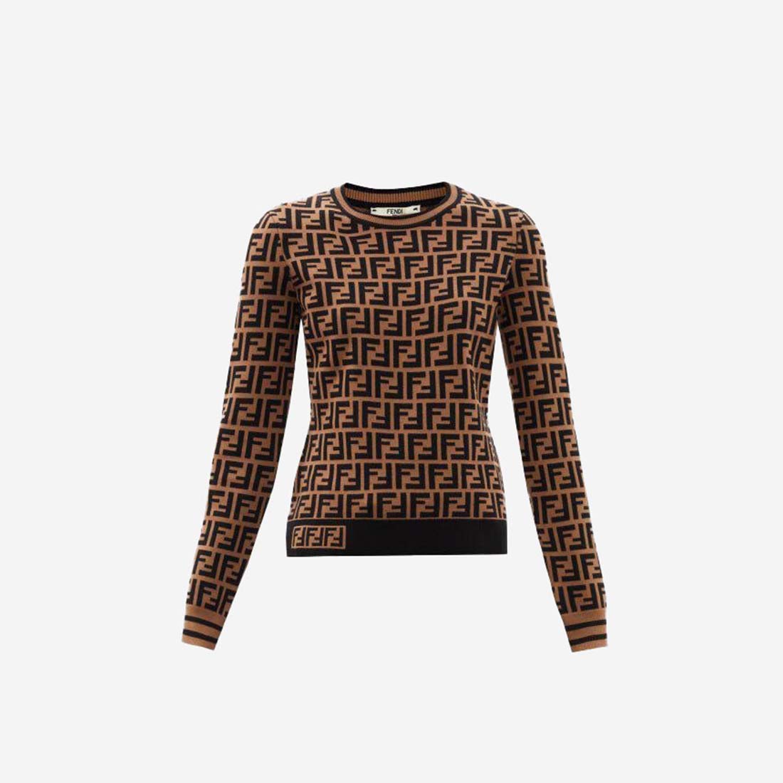 Fendi FF Monogram Pullover Knit Crew Neck Rayon Brown Black