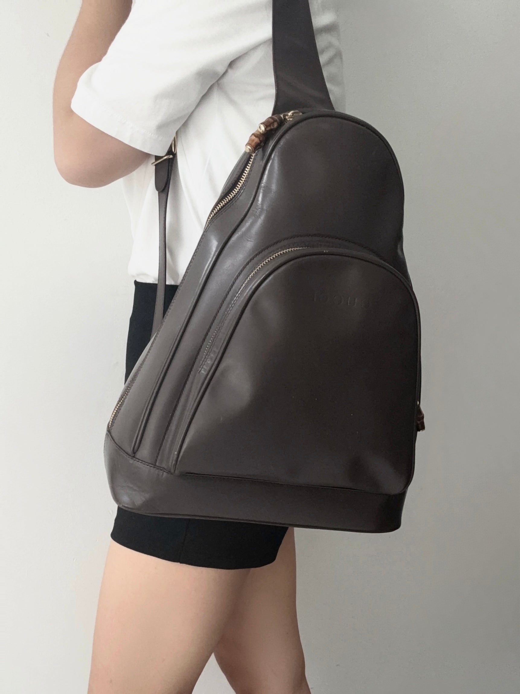 Gucci Vintage Patent Leather Bamboo Backpack Brown Crossbody Bag