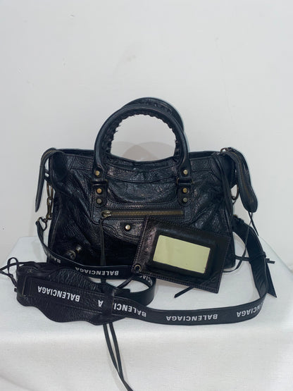 Balenciaga Classic City Black Leather Bag with Logo Strap