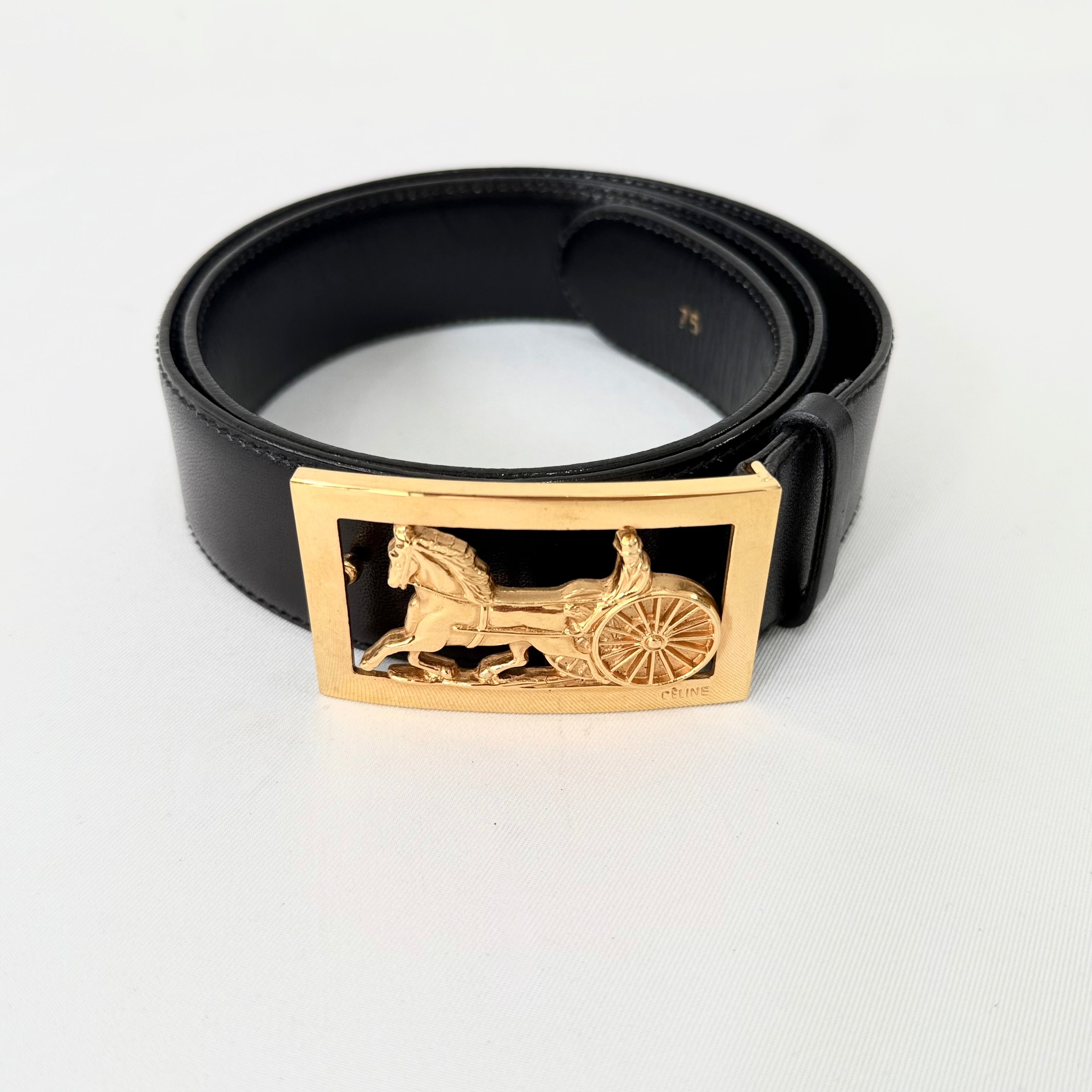 CELINE Vintage horse carriage  black leather belt