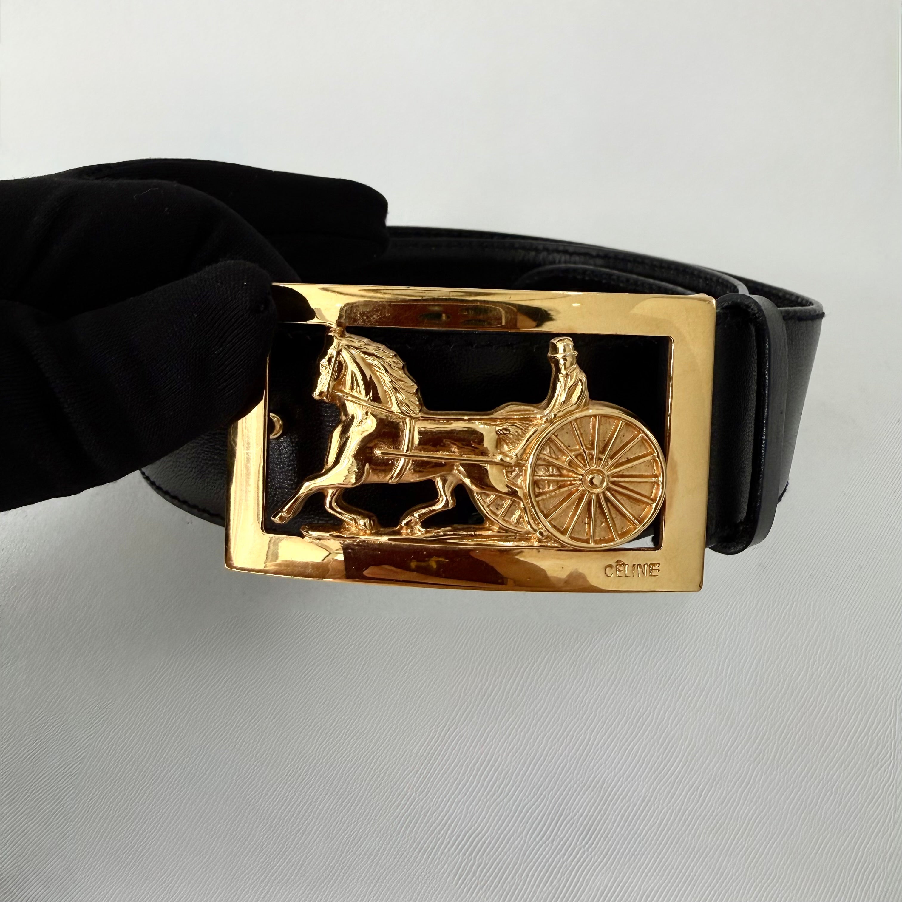 CELINE Vintage horse carriage  black leather belt
