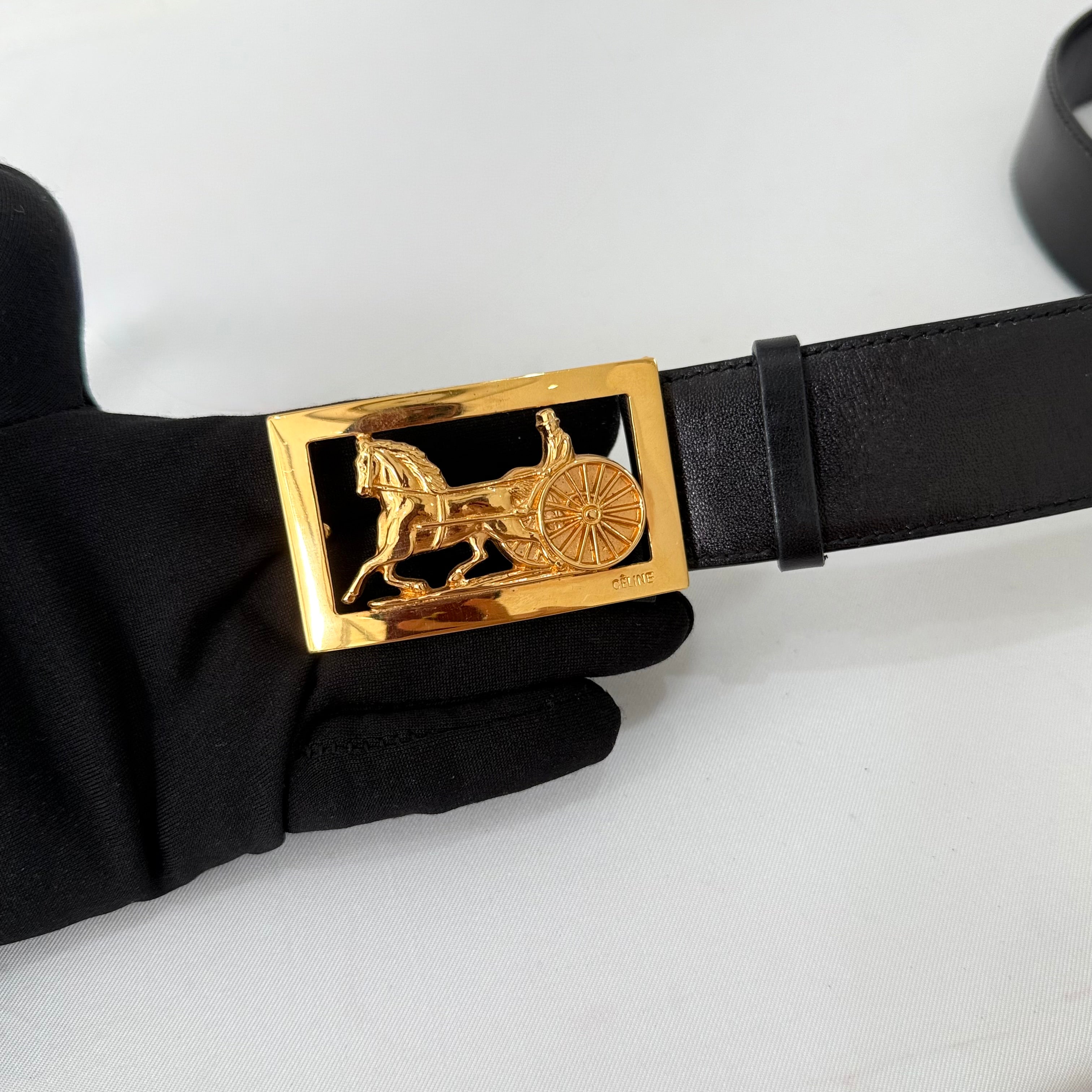 CELINE Vintage horse carriage  black leather belt
