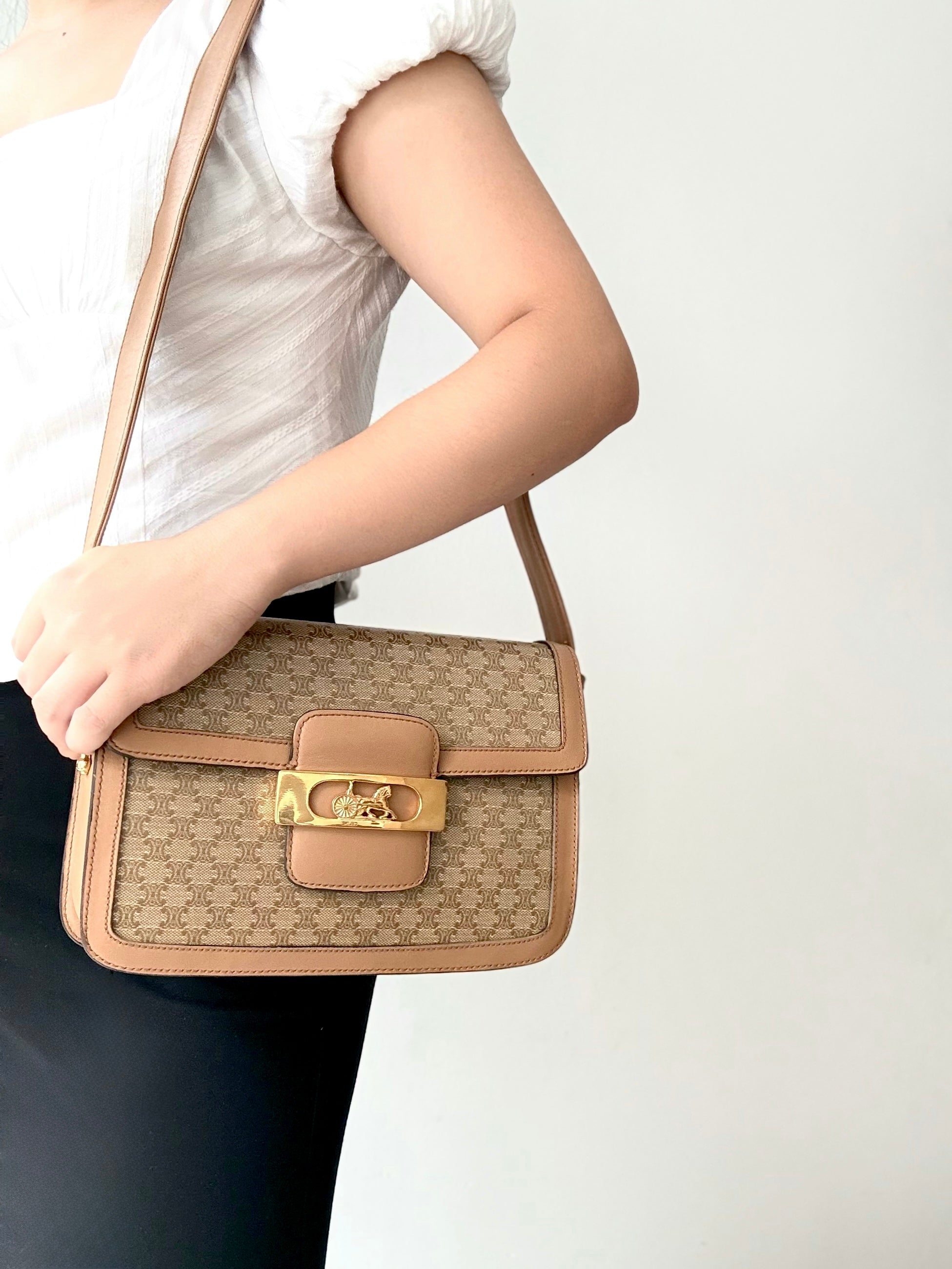 Celine Vintage Beige Macadam Horse Carriage Shoulder Bag