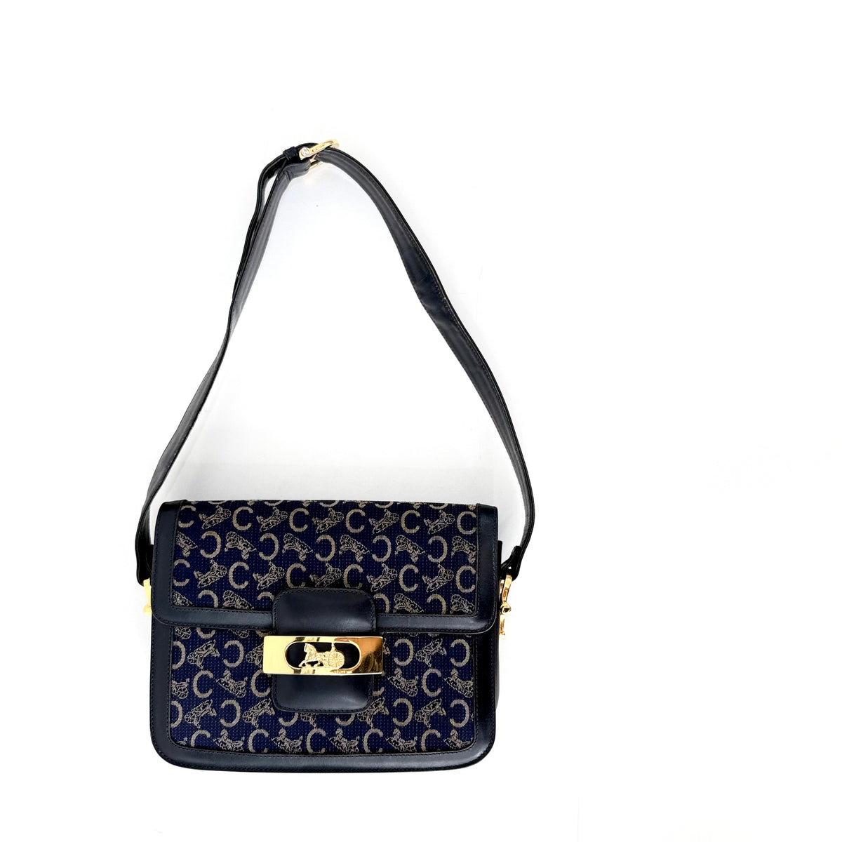 Celine Vintage Blue C Carriage Canvas Box Flap Shoulder Bag