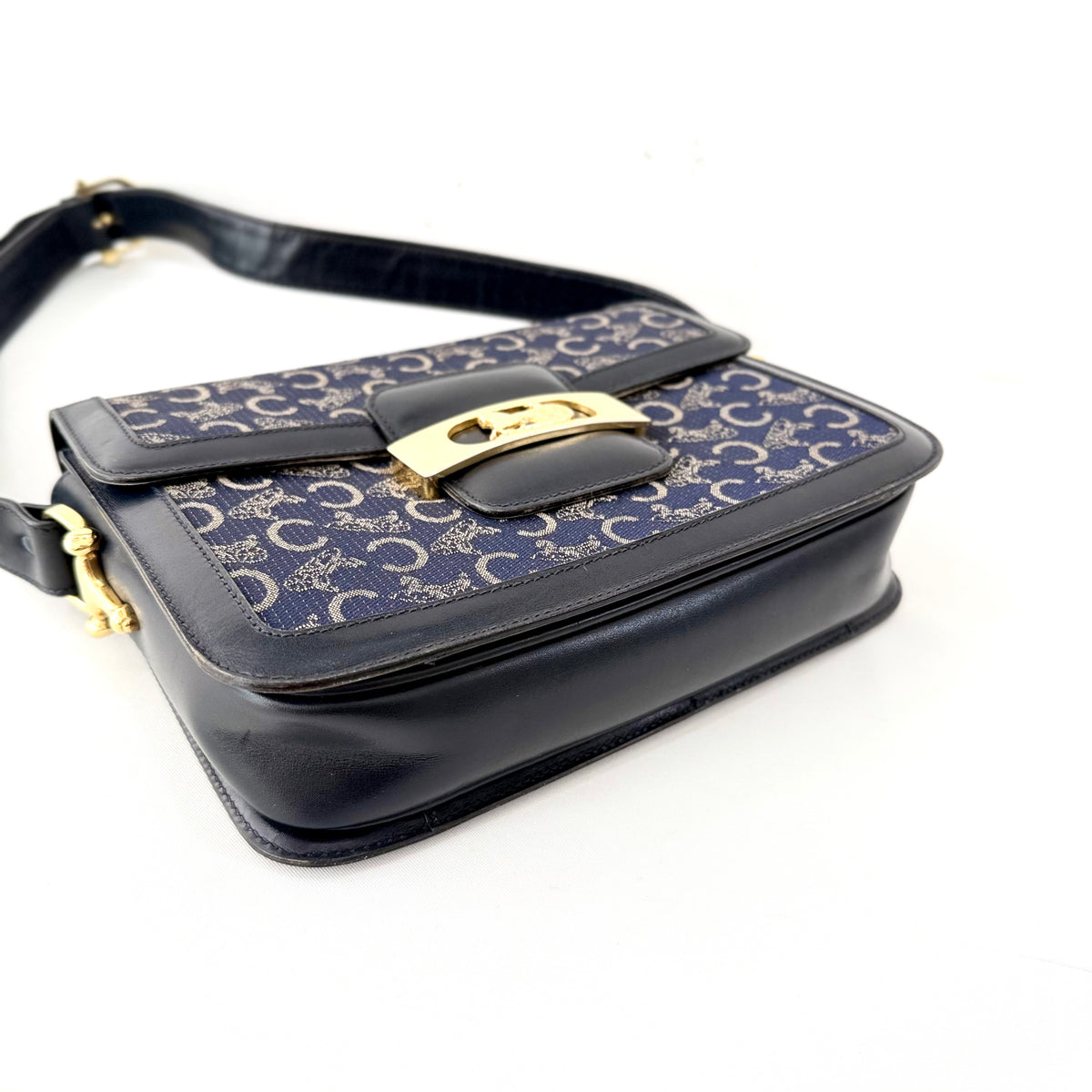 Celine Vintage Blue C Carriage Canvas Box Flap Shoulder Bag