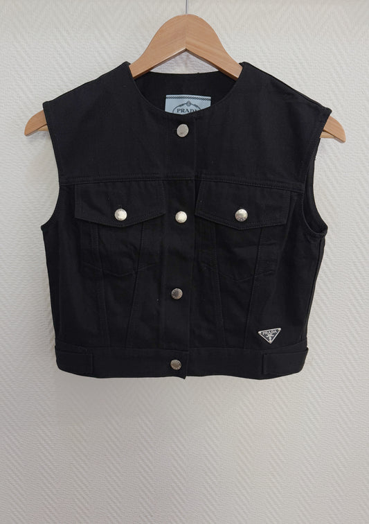 Prada Black Cotton Denim Single-Breasted Vest With Iconic Triangle Logo Patch