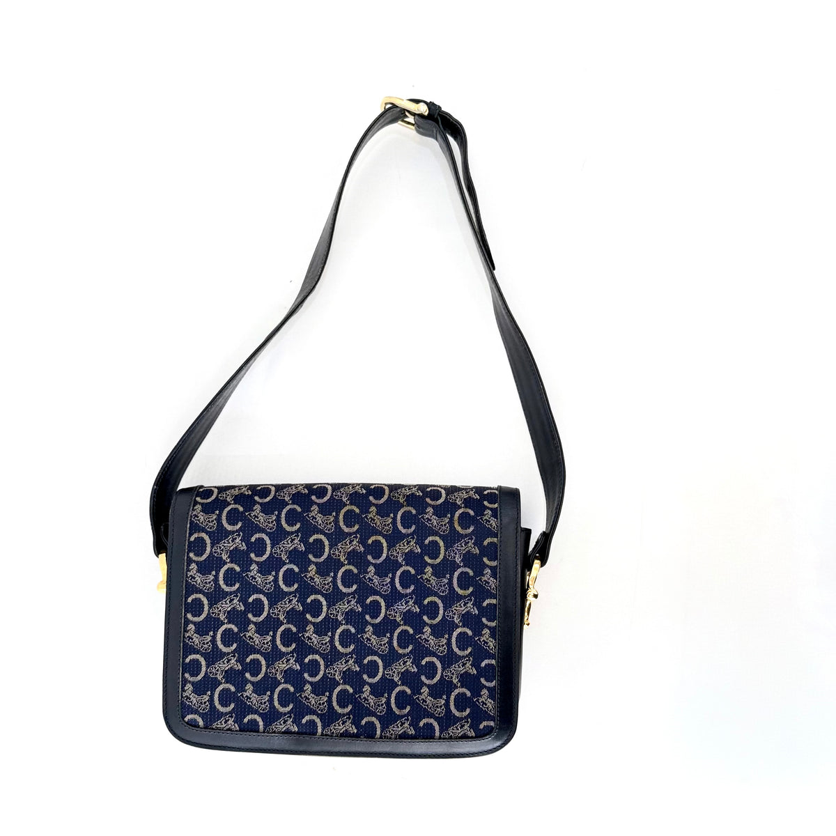 Celine Vintage Blue C Carriage Canvas Box Flap Shoulder Bag