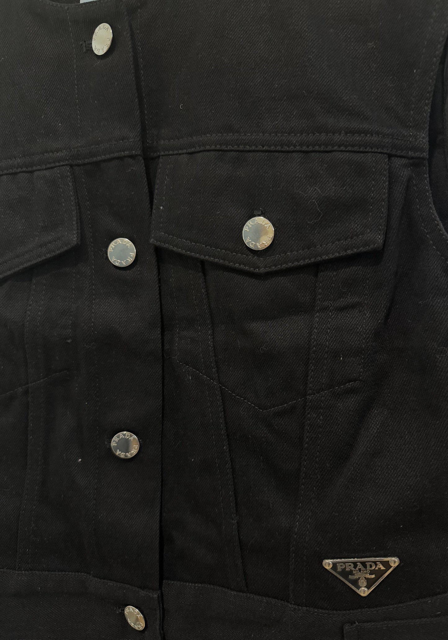 Prada Black Cotton Denim Single-Breasted Vest With Iconic Triangle Logo Patch