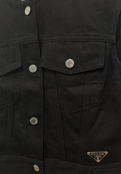 Prada Black Cotton Denim Single-Breasted Vest With Iconic Triangle Logo Patch