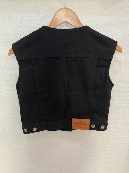 Prada Black Cotton Denim Single-Breasted Vest With Iconic Triangle Logo Patch