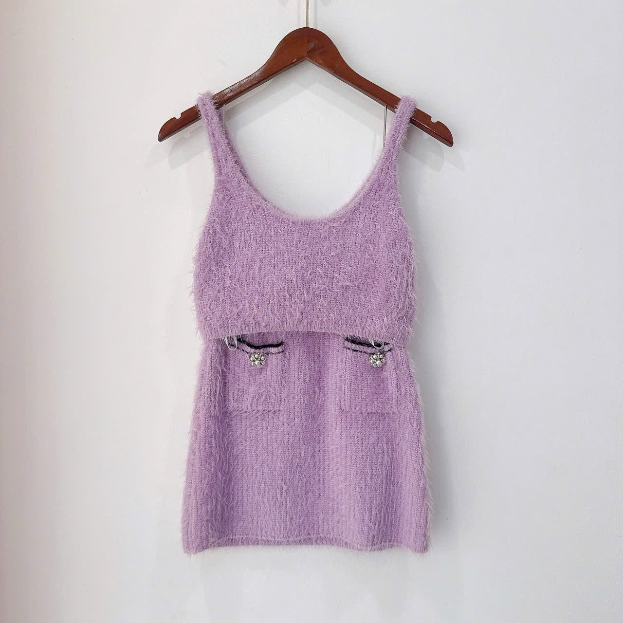 Self Portrait Lilac Fluffy Knit Cardigan/Skirt/Croptop