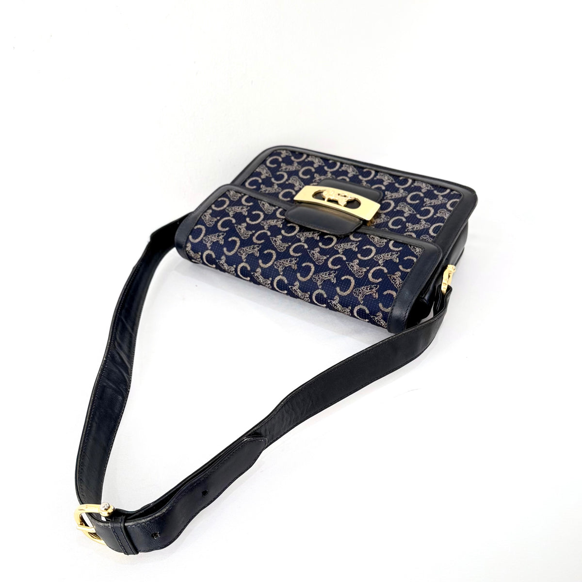 Celine Vintage Blue C Carriage Canvas Box Flap Shoulder Bag