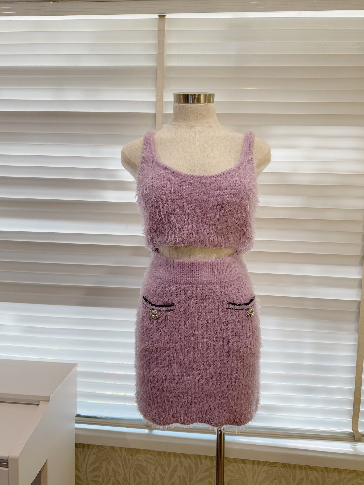 Self Portrait Lilac Fluffy Knit Cardigan/Skirt/Croptop