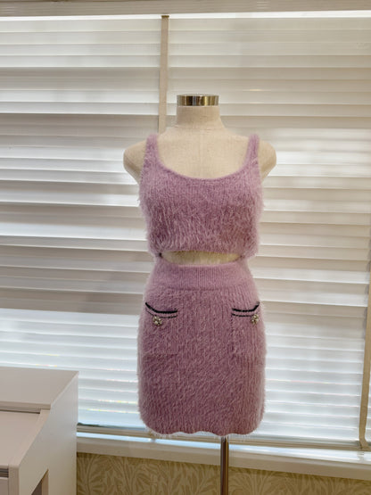 Self Portrait Lilac Fluffy Knit Cardigan/Skirt/Croptop