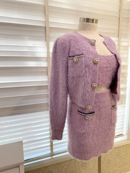 Self Portrait Lilac Fluffy Knit Cardigan/Skirt/Croptop