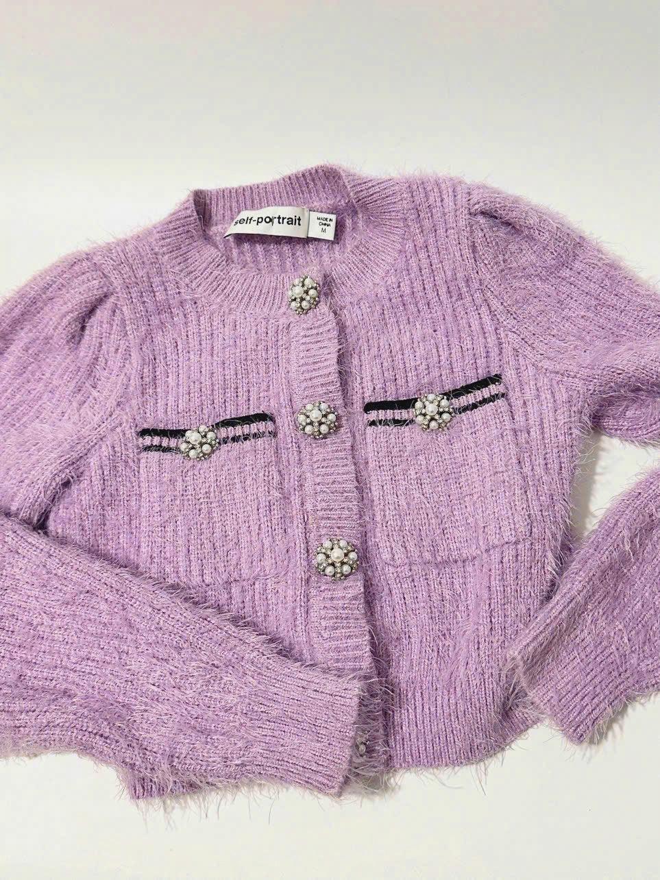 Self Portrait Lilac Fluffy Knit Cardigan/Skirt/Croptop