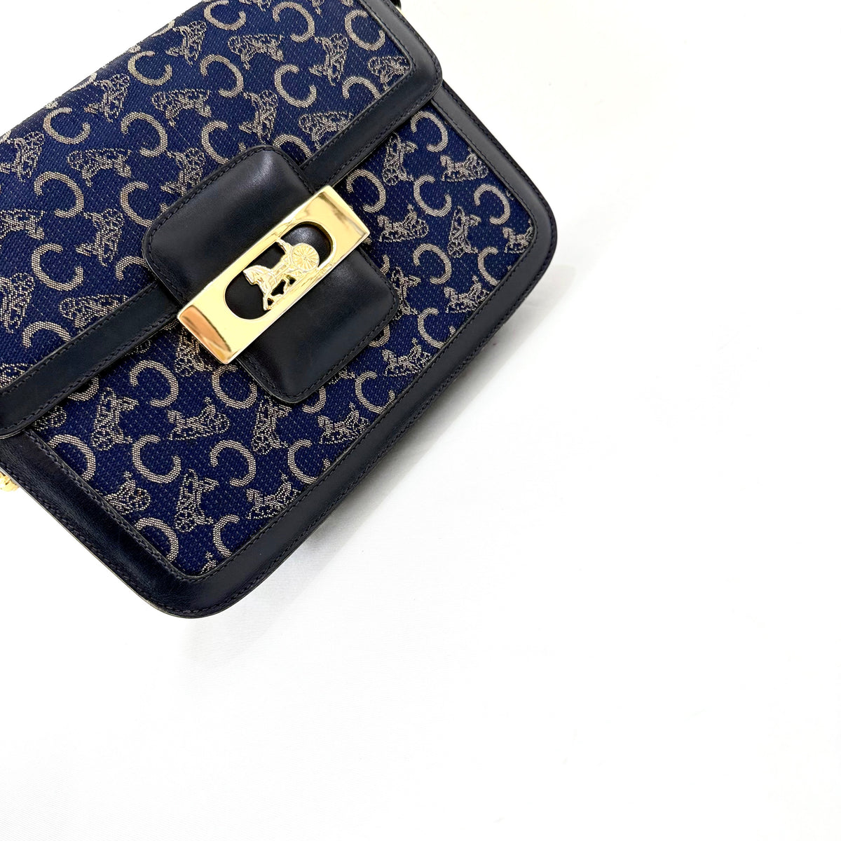 Celine Vintage Blue C Carriage Canvas Box Flap Shoulder Bag