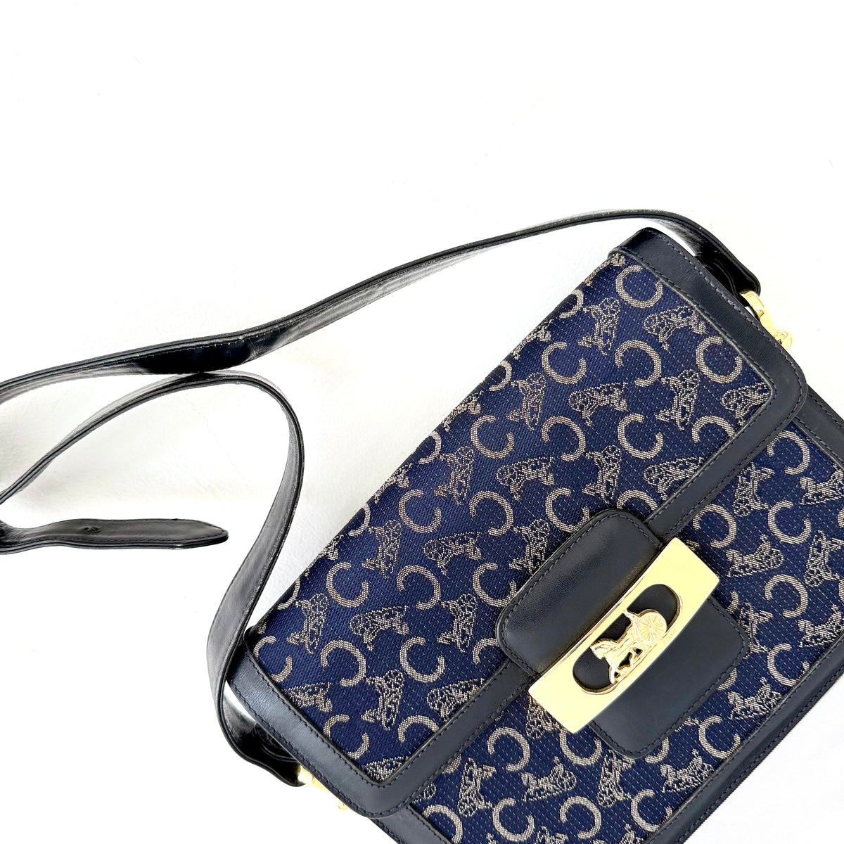 Celine Vintage Blue C Carriage Canvas Box Flap Shoulder Bag