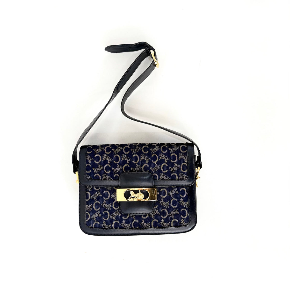 Celine Vintage Blue C Carriage Canvas Box Flap Shoulder Bag