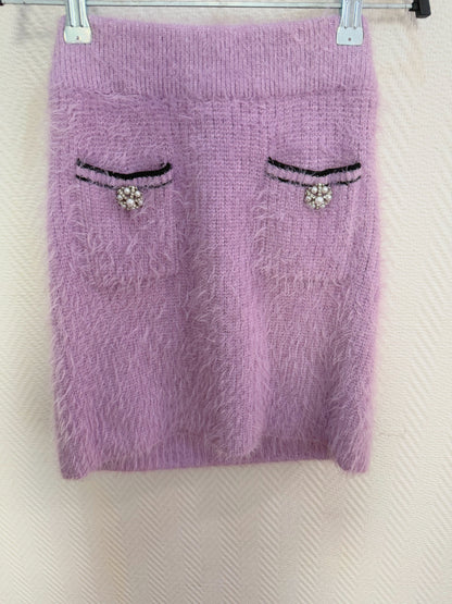 Self Portrait Lilac Fluffy Knit Cardigan/Skirt/Croptop
