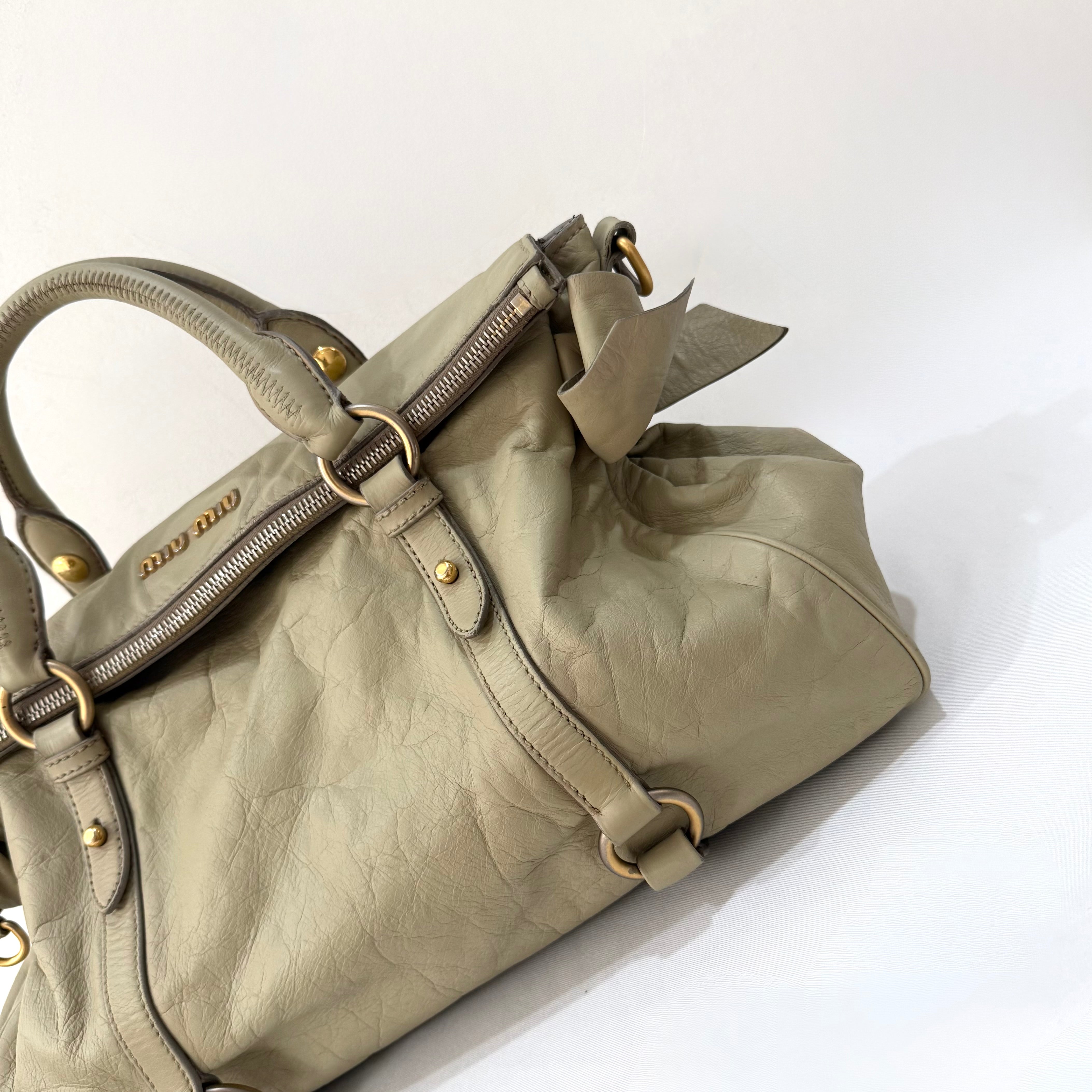 Miu Miu Vitello Lux Leather Bow Satchel Light Brown
