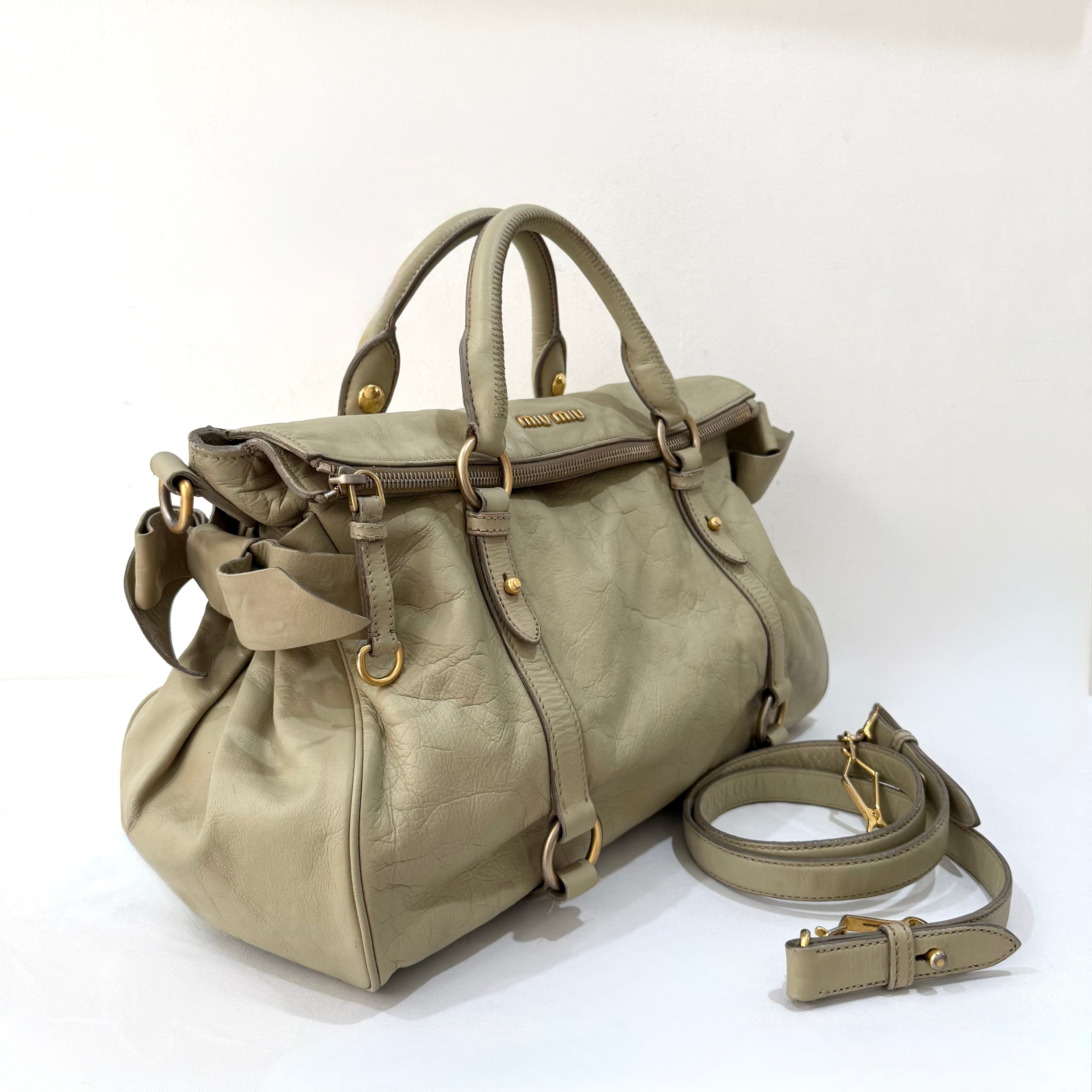Miu Miu Vitello Lux Leather Bow Satchel Light Brown