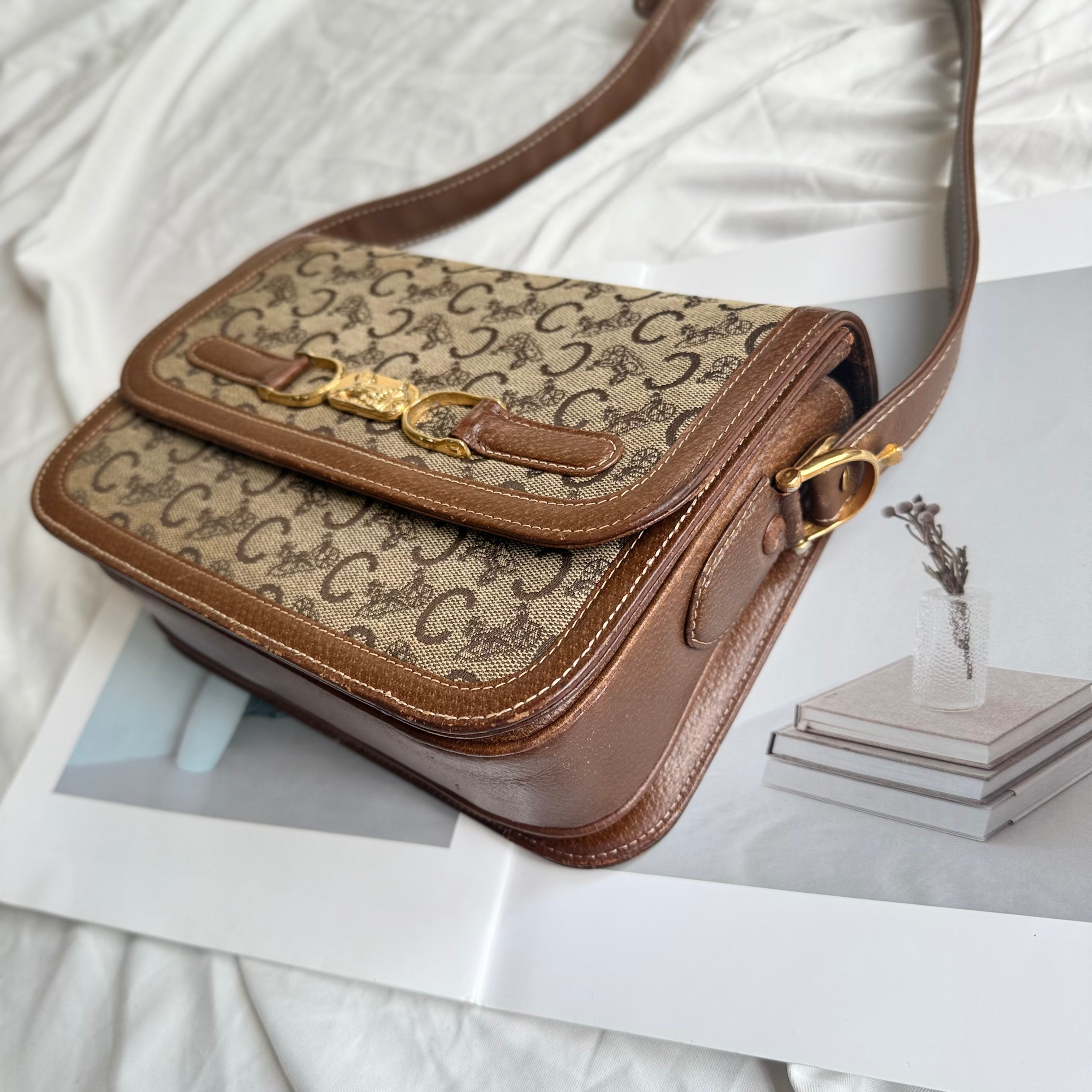 (Reserved) Celine Brown Canvas Horsebit Shoulder Bag