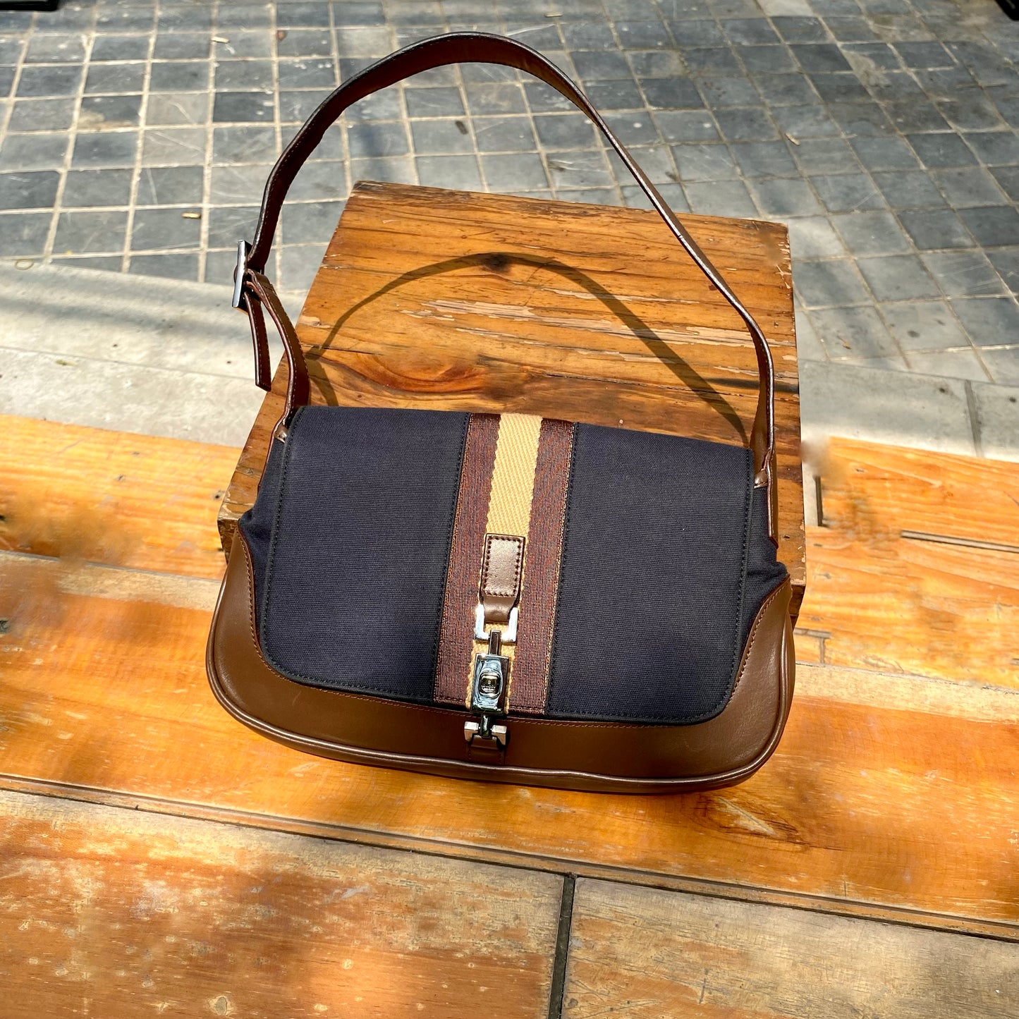 Gucci Vintage Navy Canvas & Brown Leather Jackie Bag