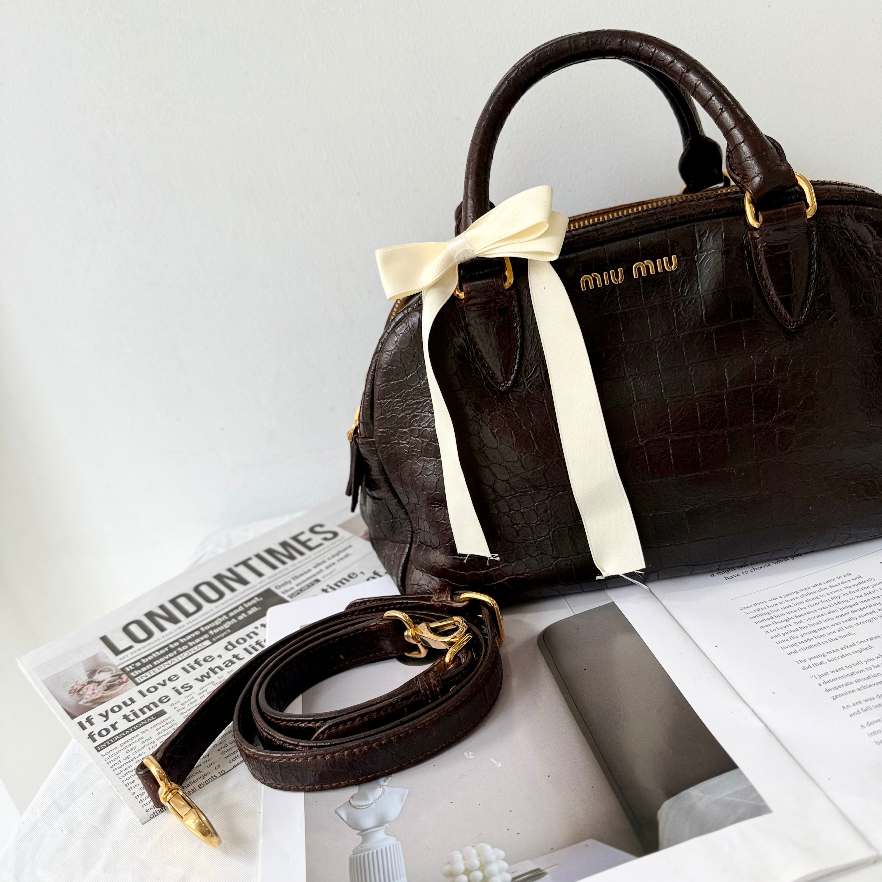 Miu Miu Beige Croc Embossed Patent Leather Bowling Bag