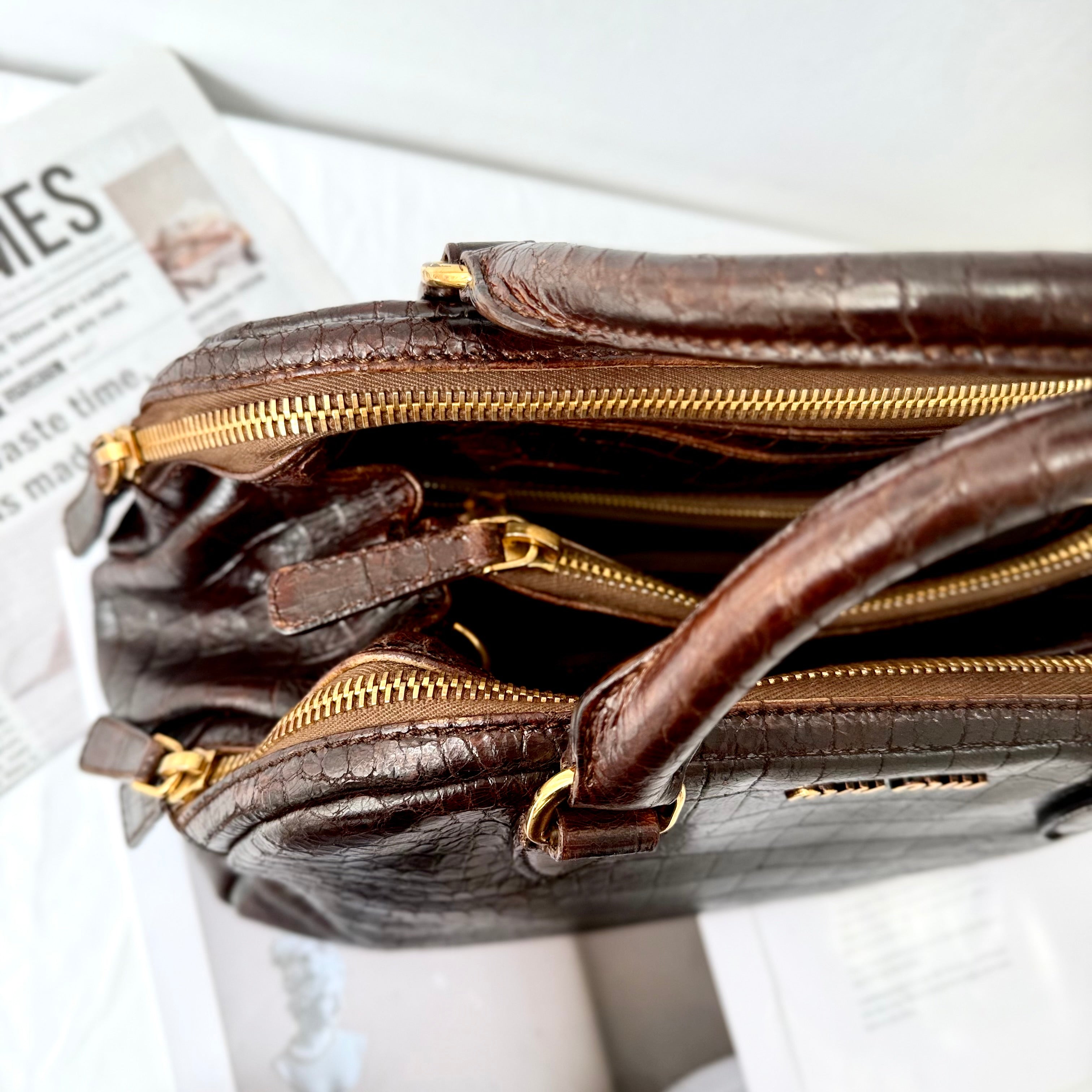 Miu Miu Beige Croc Embossed Patent Leather Bowling Bag