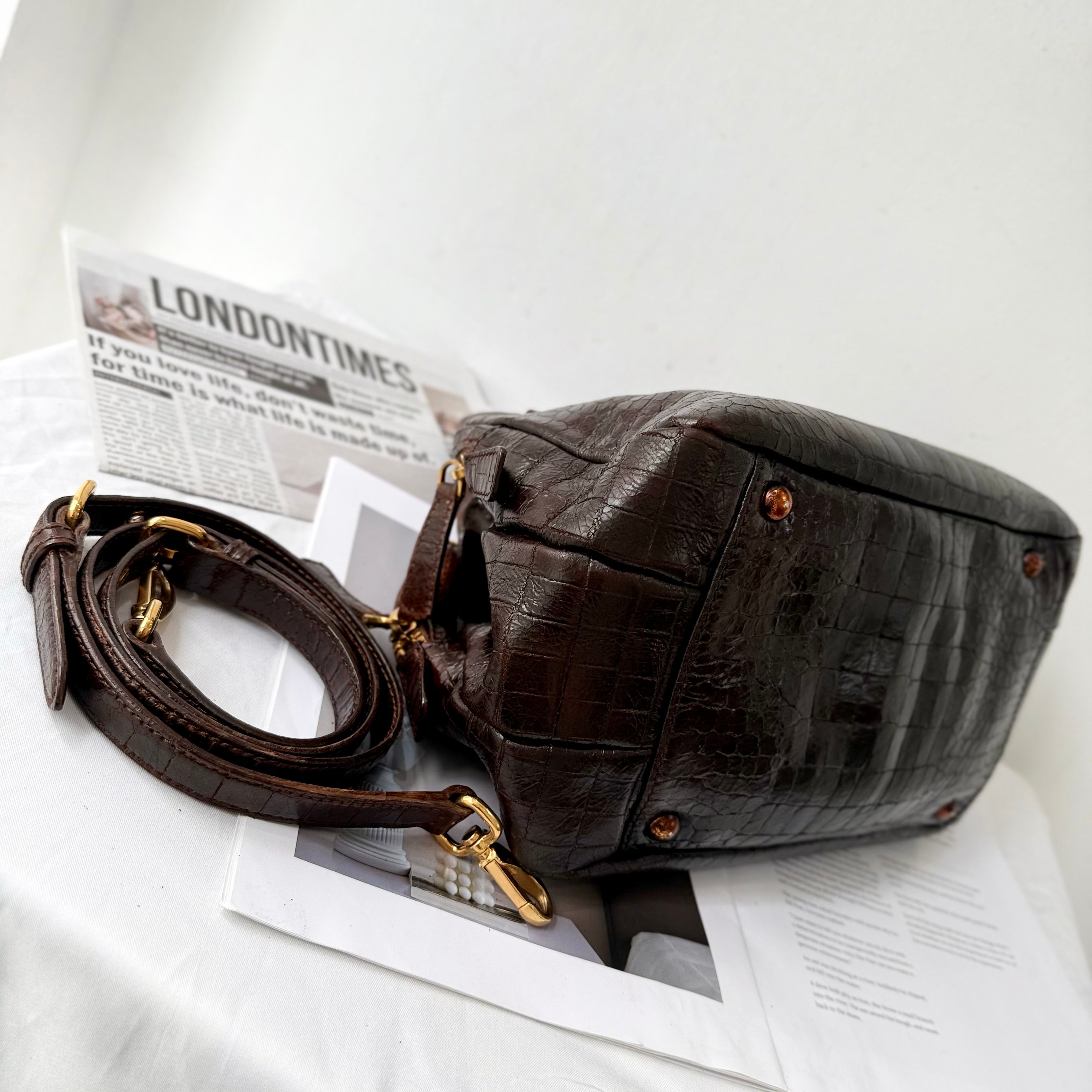 Miu Miu Beige Croc Embossed Patent Leather Bowling Bag
