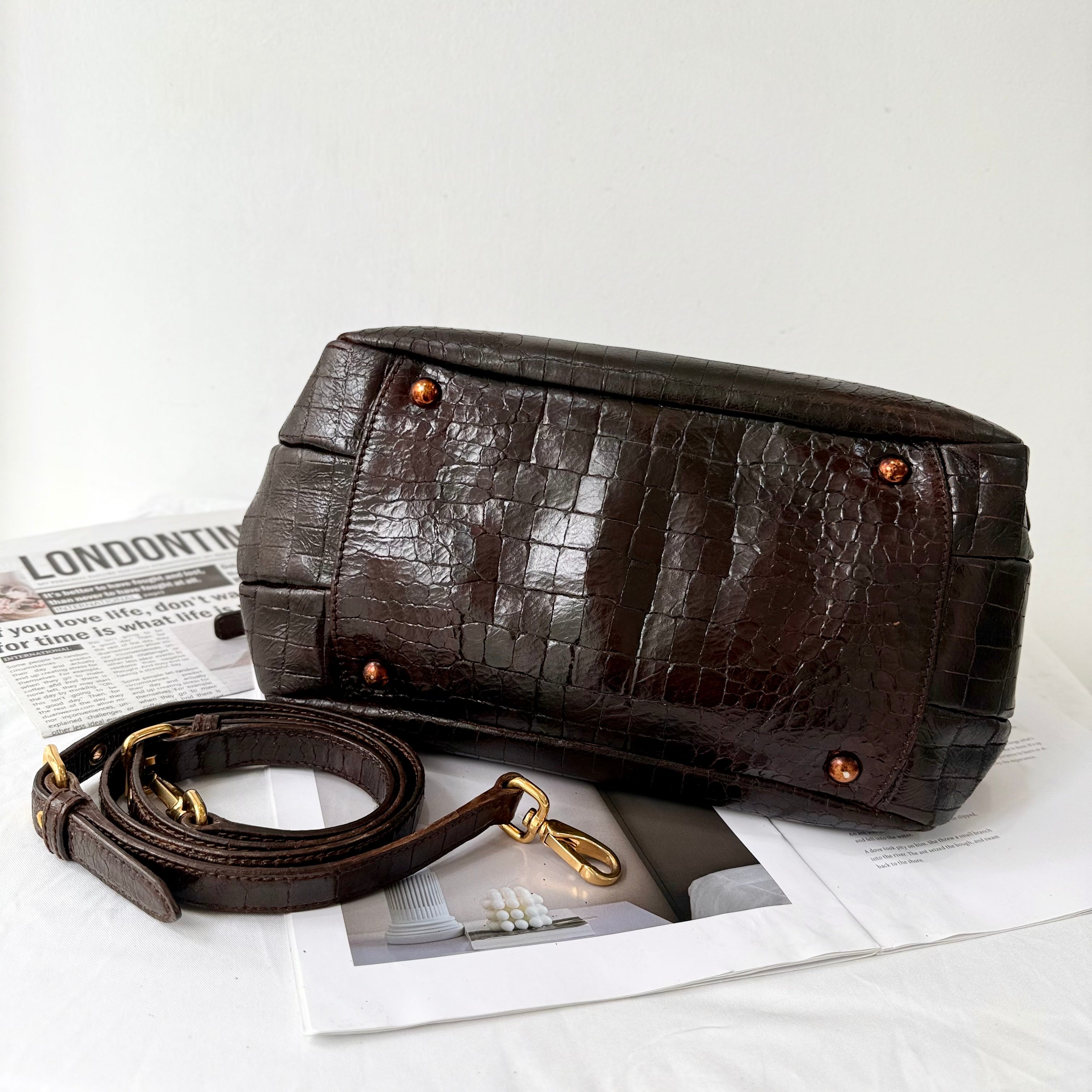 Miu Miu Beige Croc Embossed Patent Leather Bowling Bag