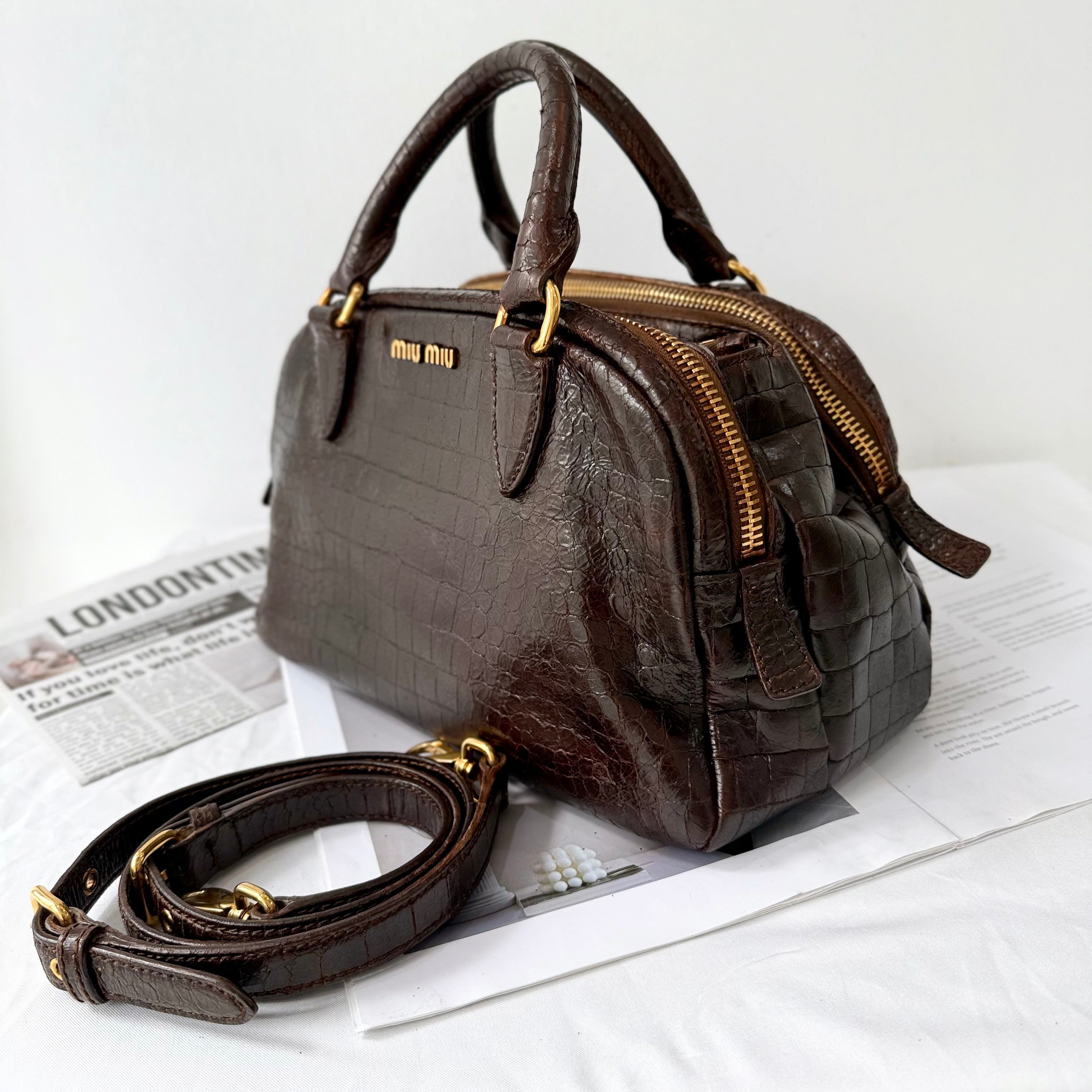 Miu Miu Beige Croc Embossed Patent Leather Bowling Bag