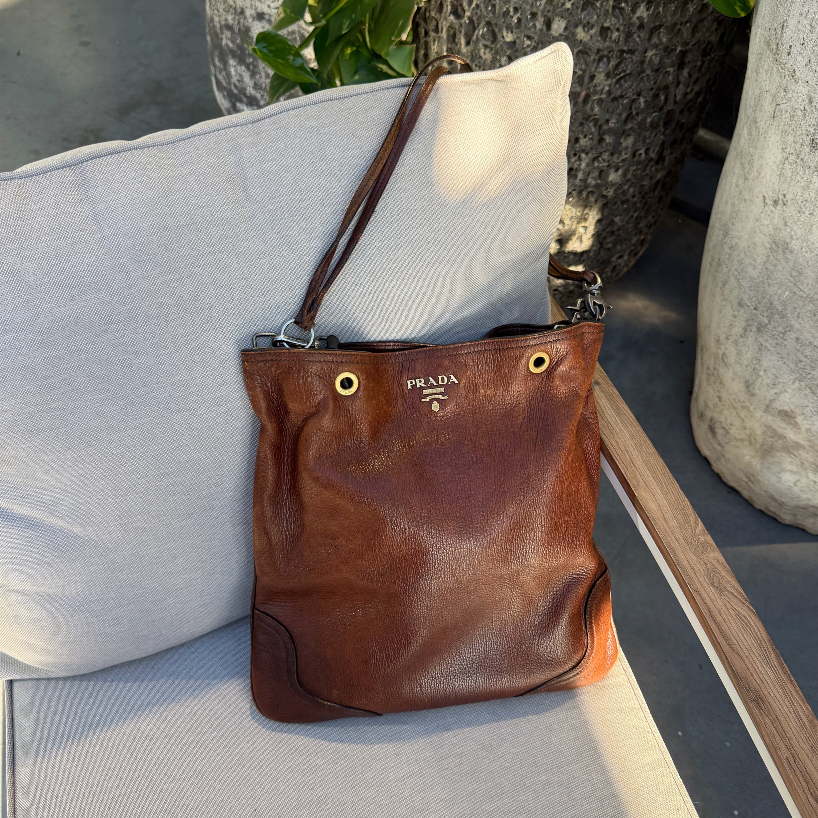 Prada Brown Cervo Antik Shopping Tote Cammello