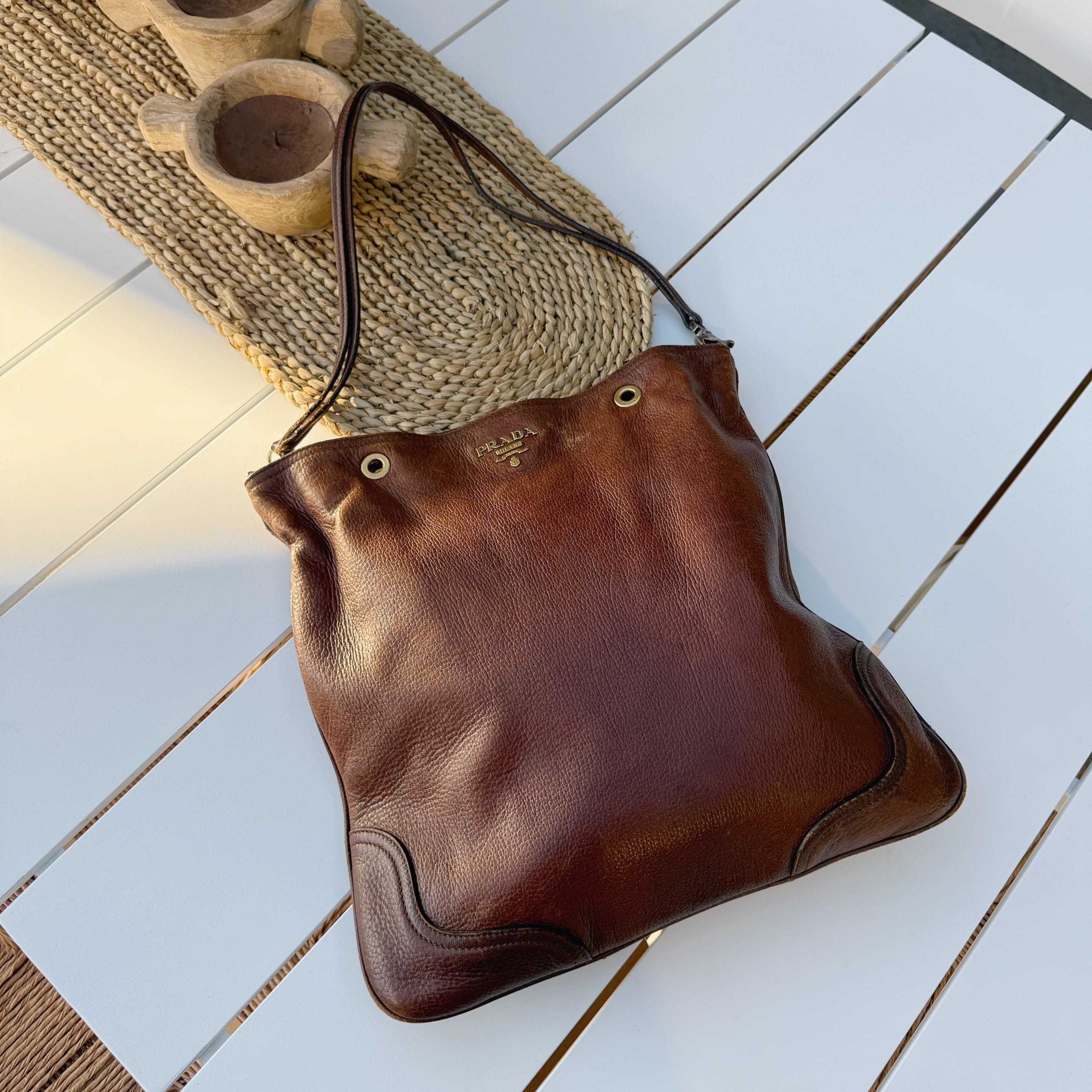 Prada Brown Cervo Antik Shopping Tote Cammello