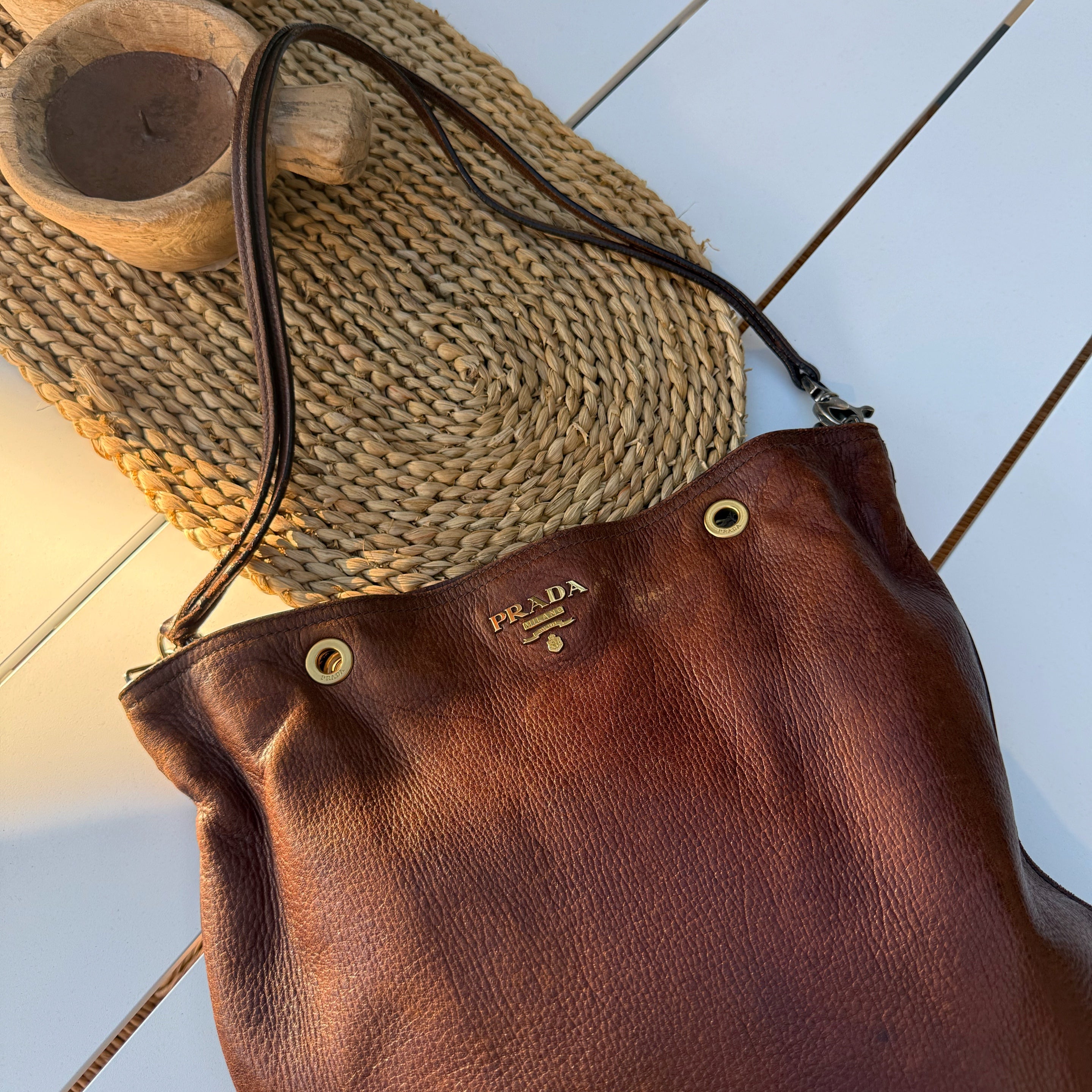 Prada Brown Cervo Antik Shopping Tote Cammello