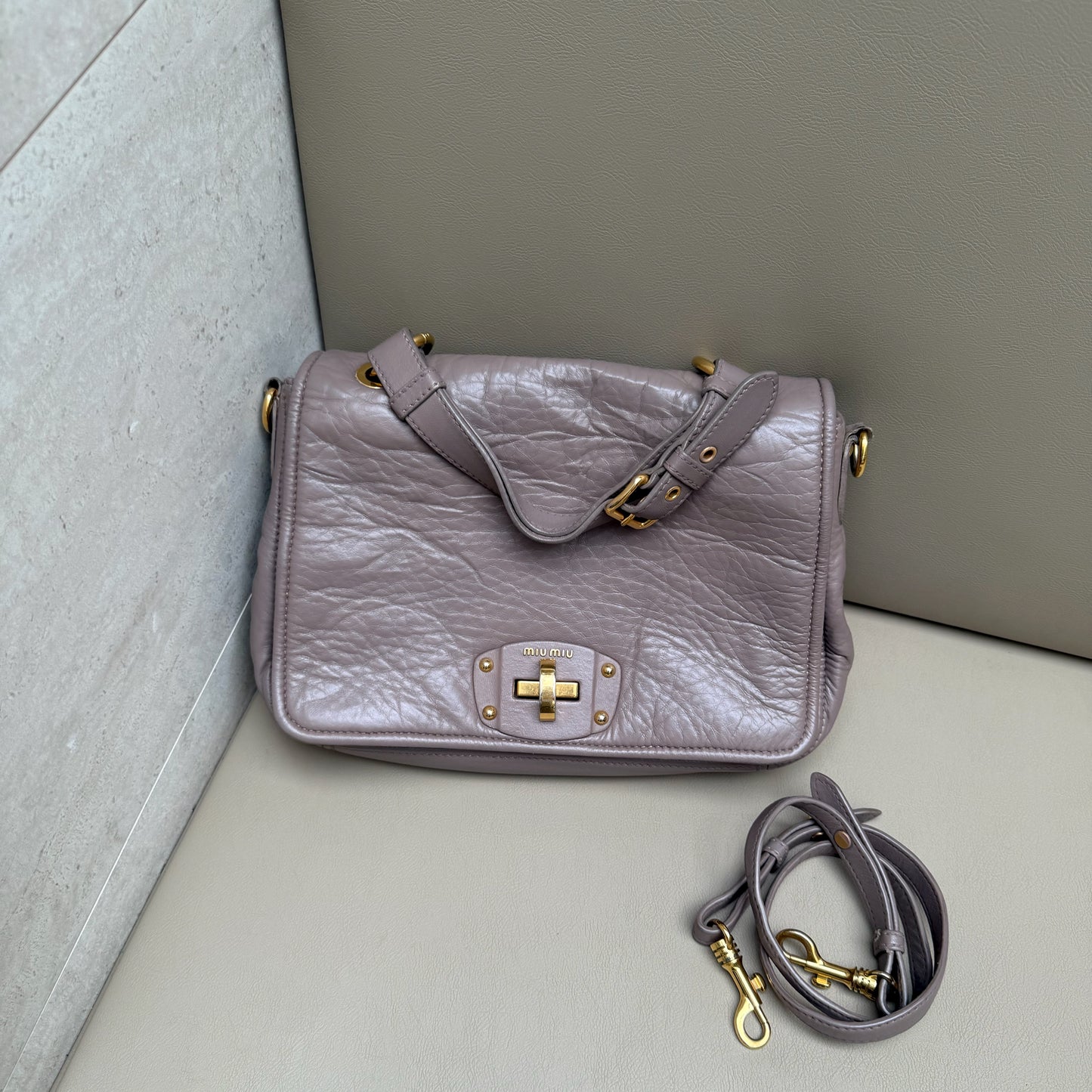 Miu Miu Nappa Leather Beige Flap Turnlock Shoulder Bag