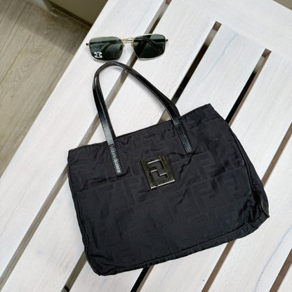 Fendi Silver Logo Mini Zucca Nylon Black Tote Bag