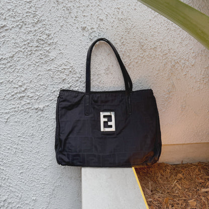 Fendi Silver Logo Mini Zucca Nylon Black Tote Bag