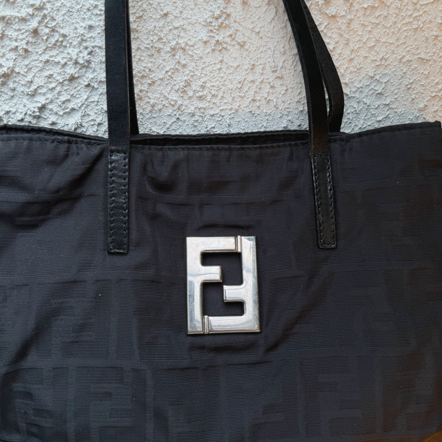 Fendi Silver Logo Mini Zucca Nylon Black Tote Bag