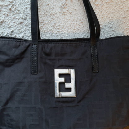 Fendi Silver Logo Mini Zucca Nylon Black Tote Bag