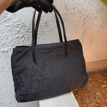 Fendi Silver Logo Mini Zucca Nylon Black Tote Bag
