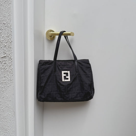 Fendi Silver Logo Mini Zucca Nylon Black Tote Bag
