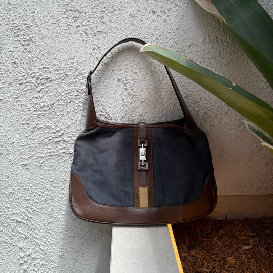Gucci Vintage Navy Canvas & Brown Leather Jackie Bag